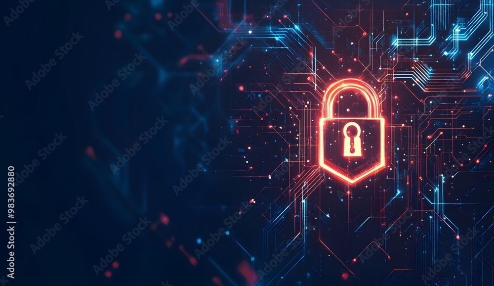 Poster a digital illustration of an illuminated lock symbol with circuit patterns,