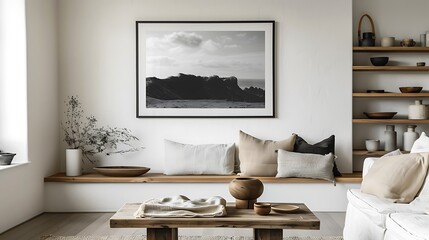 A Scandinavian-style living room with clean lines and natural wood elements, where a black-and-white photograph in a simple frame is prominently centered above a low shelf