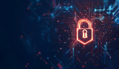 A digital illustration of an illuminated lock symbol with circuit patterns,