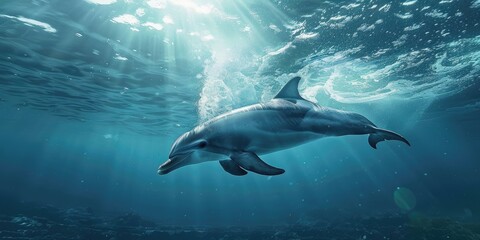 Obraz premium Dolphin elegantly moving across the water's surface, revealing its prominent dorsal fin while softly exhaling air from its blowhole.