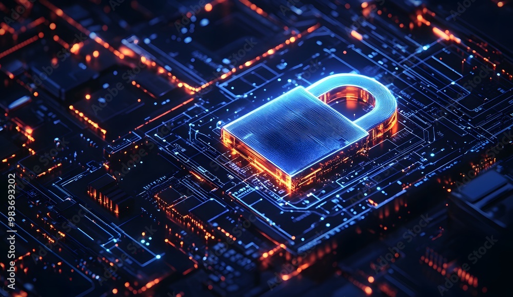 Aufkleber a digital illustration of an illuminated lock symbol with circuit patterns,