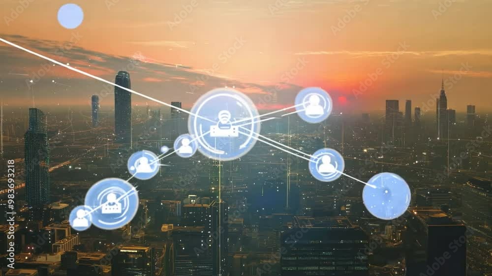 Poster digital network connections above smart city with glowing lines and dots , futuristic background ,ge