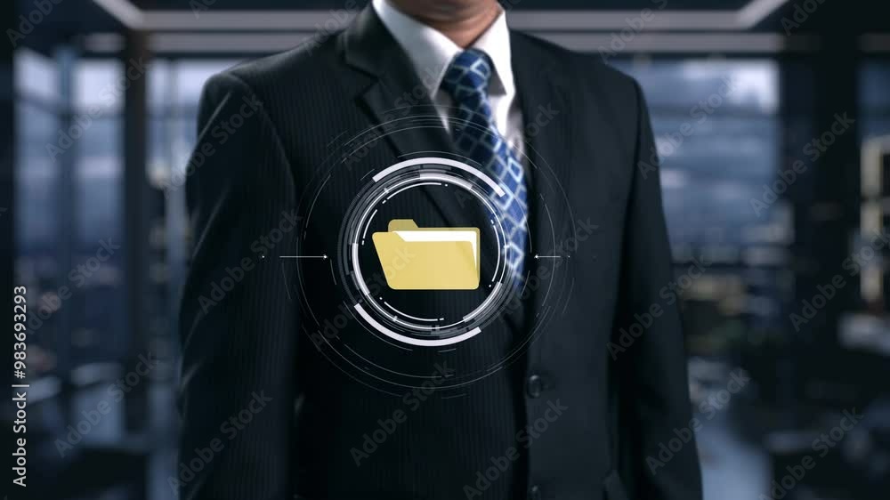 Poster business person managing online documents folders for efficient work processes. ensure secure and qu