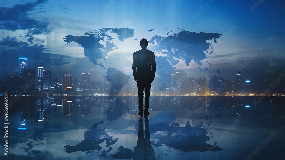 Poster silhouette of a businessman standing in front of a cityscape with a world map behind him. the image 