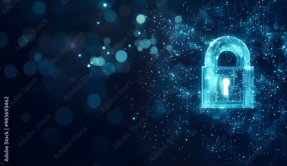 Poster a digital illustration of an illuminated lock symbol with circuit patterns,