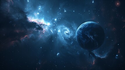 Stunning Space Illustration Featuring a Blue Planet and Spiral Galaxy - Perfect for Science and Astronomy Themes