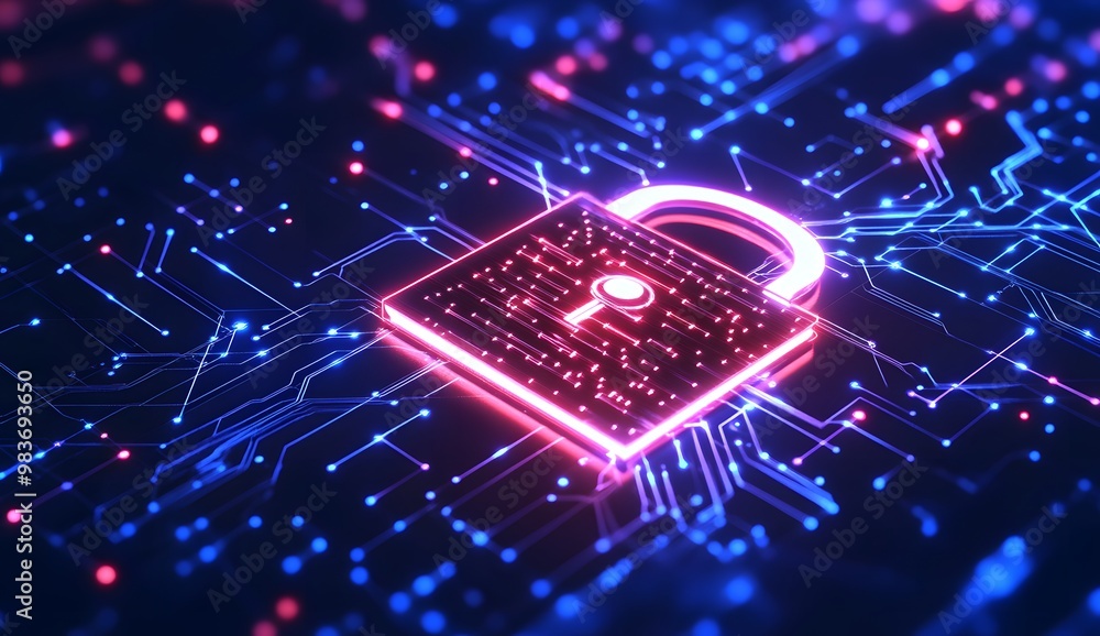 Poster a digital illustration of an illuminated lock symbol with circuit patterns,