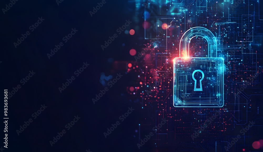 Poster a digital illustration of an illuminated lock symbol with circuit patterns,