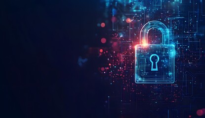 A digital illustration of an illuminated lock symbol with circuit patterns,