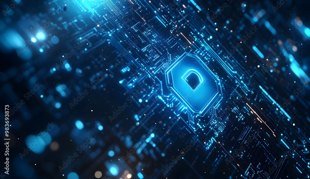 Poster a digital illustration of an illuminated lock symbol with circuit patterns,