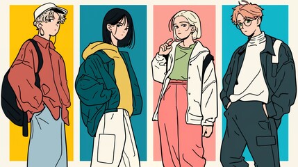 アニメ風カジュアル男女全身立ち絵　AI生成