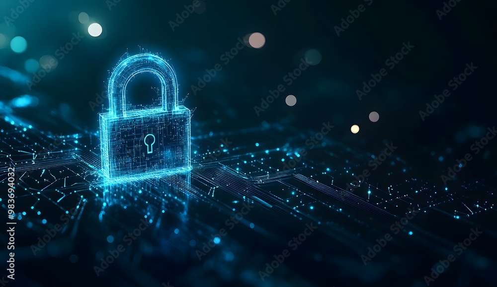 Poster a digital illustration of an illuminated lock symbol with circuit patterns,