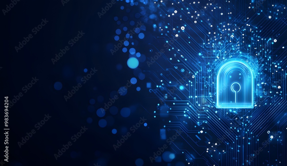 Poster a digital illustration of an illuminated lock symbol with circuit patterns,