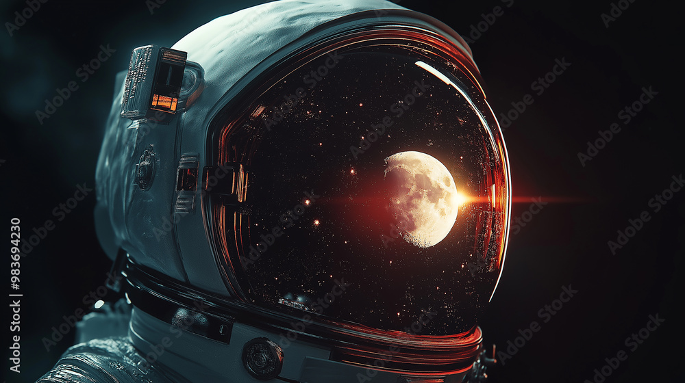 Poster astronaut looking at the moon reflecting in helmet visor