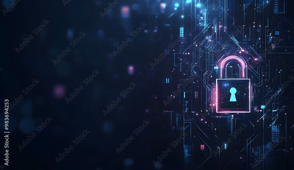 Poster a digital illustration of an illuminated lock symbol with circuit patterns,