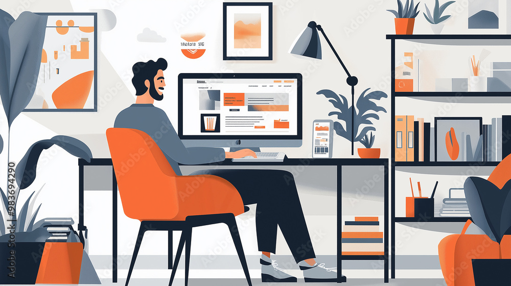 Poster Smiling freelancer working from home office using computer