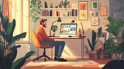 Creative freelancer working from home office enjoying plants and sunlight
