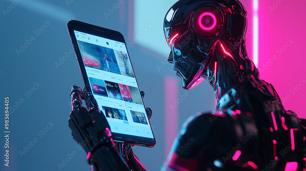 Poster Futuristic robot using digital tablet with social media network