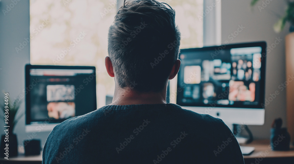 Aufkleber Programmer working from home office using multiple monitors