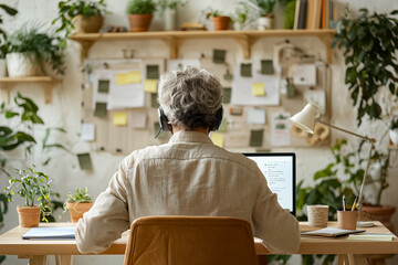 A man wearing a headset sits at a desk with a laptop