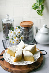 Malaysian Traditional Dessert known as Kuih Talam Pisang or Steamed Banana Cake.
