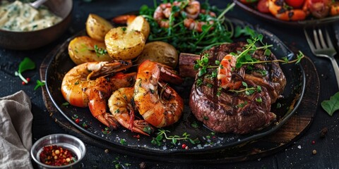 Fototapeta premium Dinner showcasing surf and turf options including a beef burger paired with shrimp, sirloin steak served with shrimp, and a side of shrimp and potatoes.