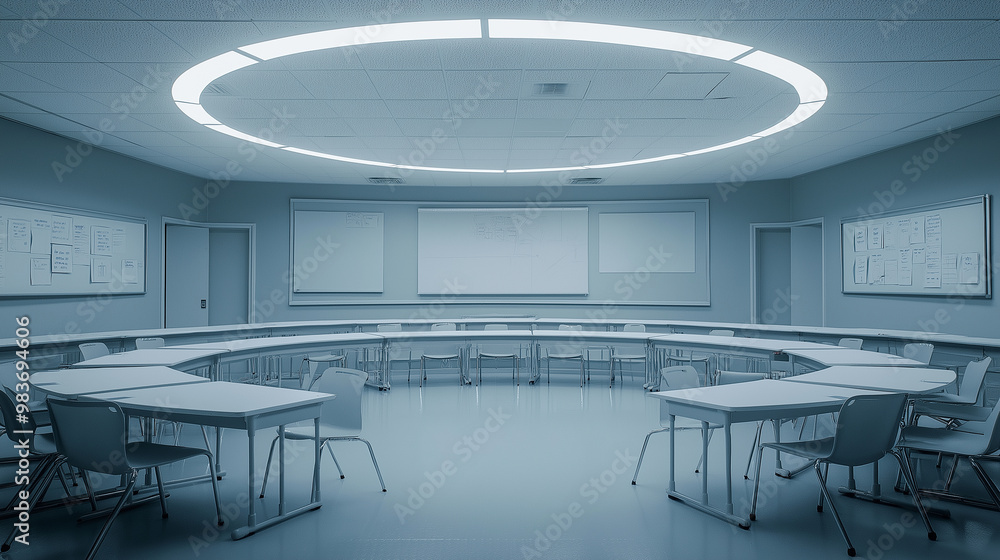 Poster modern empty school classroom with circular desk arrangement is ready for students