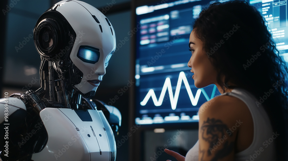 Poster Computer engineer having conversation with ai humanoid robot about project