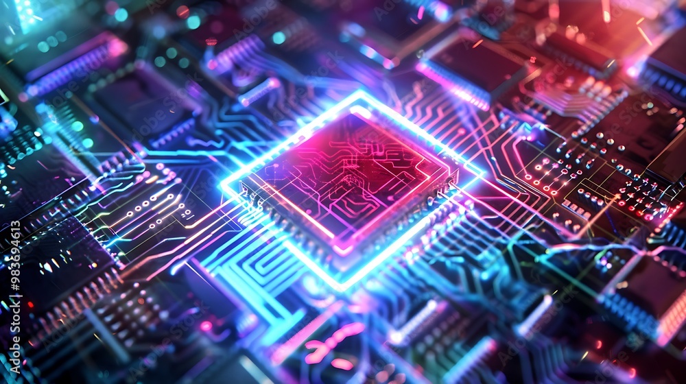 Poster glowing circuit board with a central processing unit (cpu) in the center. the board is filled with i