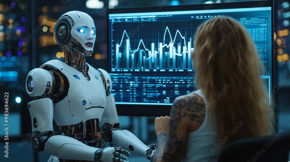 Aufkleber female computer engineer having discussion with ai humanoid robot about financial data shown on the 