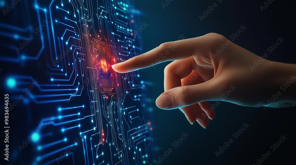 Fototapete Engineer touching cpu microchip on futuristic circuit board
