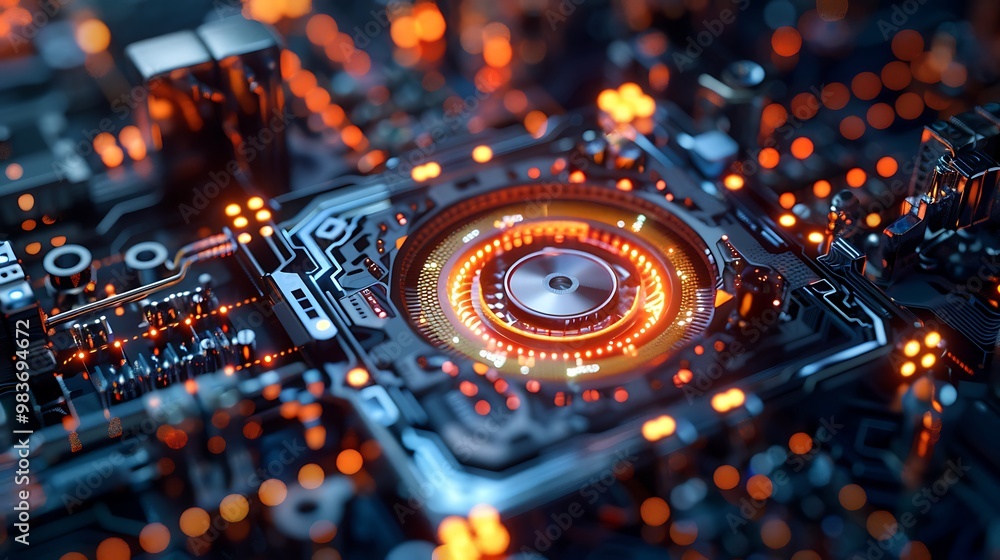 Poster abstract futuristic technology background with a glowing circuit board and an intricate network of w