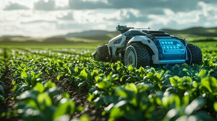 Futuristic Tractor in a Green Field of Crops