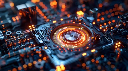 Fototapeta premium Abstract futuristic technology background with a glowing circuit board and an intricate network of wires.