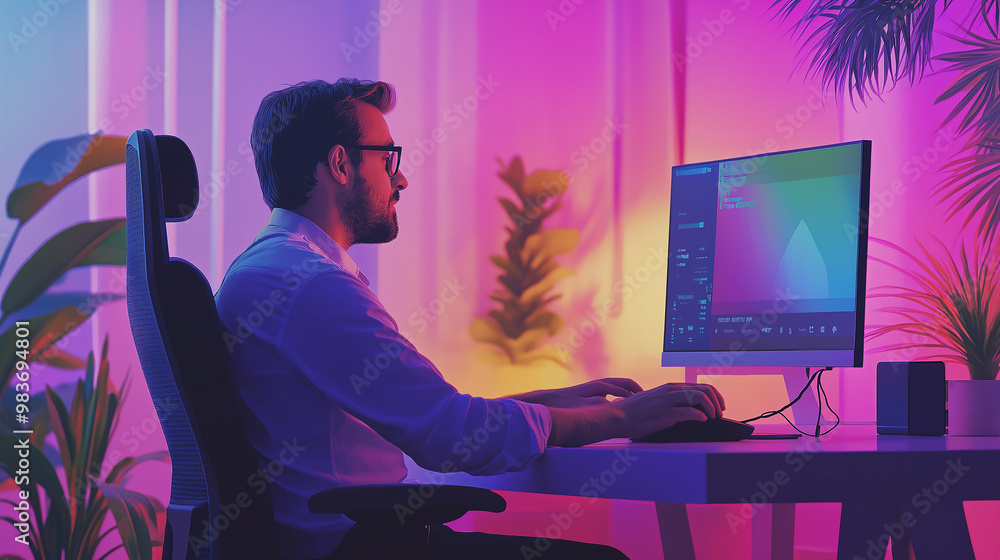 Poster Software developer working from home office with neon lights