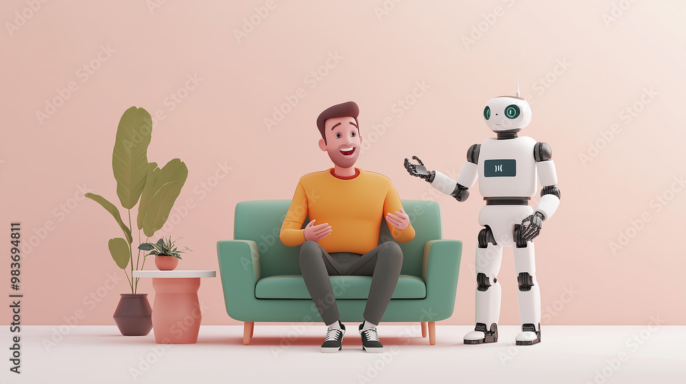 Poster young man sitting on couch having conversation with robot