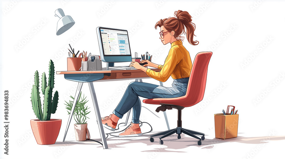 Poster young designer working from home using graphic tablet and computer