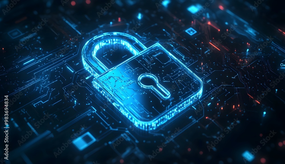Poster a digital illustration of an illuminated lock symbol with circuit patterns,