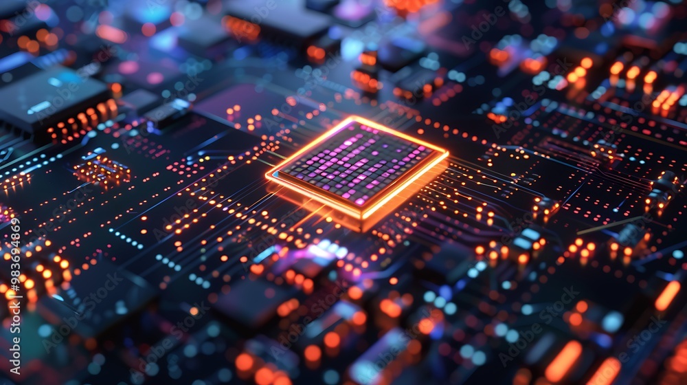 Poster close-up view of a circuit board with glowing neon lights, showcasing the intricate pathways of tech