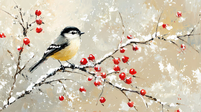 Bird titmouse on a branch with red berries in the winter. oil painting on canvas. original impressionism hand drawn illustration of snow tree branch with little bird. Impressionism. Illustration