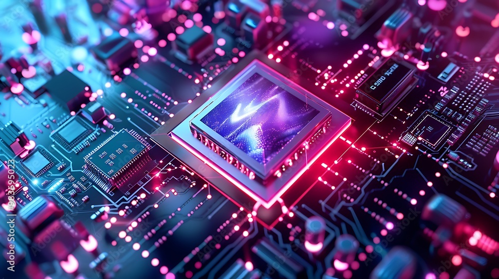 Poster close-up of a computer processor with intricate circuitry. it represents the heart of modern technol
