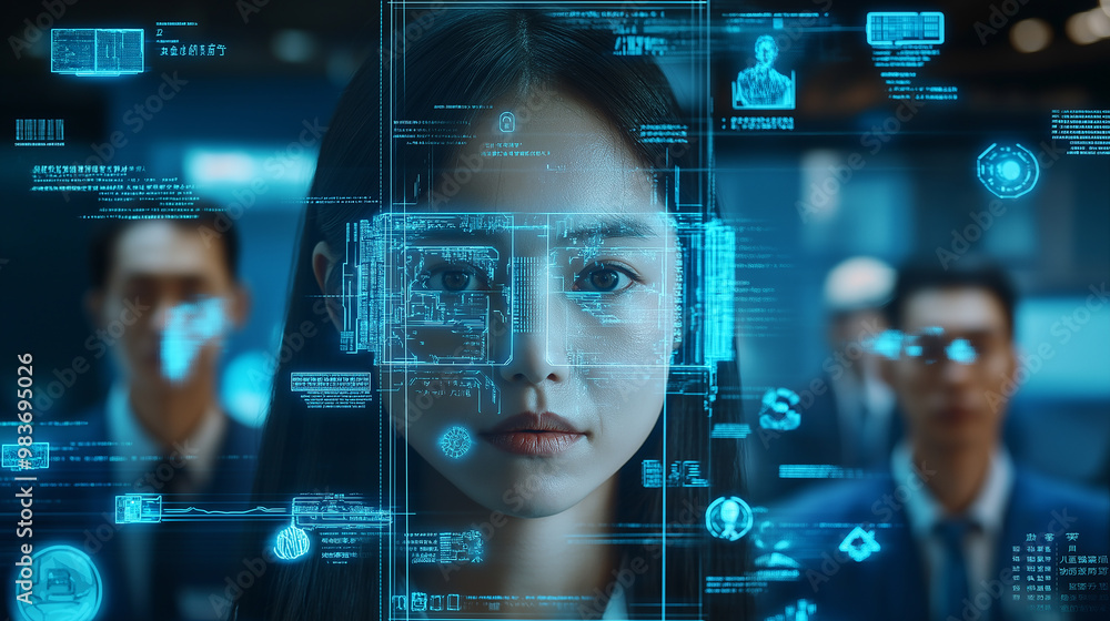 Aufkleber businesswoman using facial recognition software with augmented reality interface