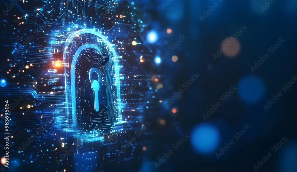 Poster a digital illustration of an illuminated lock symbol with circuit patterns,