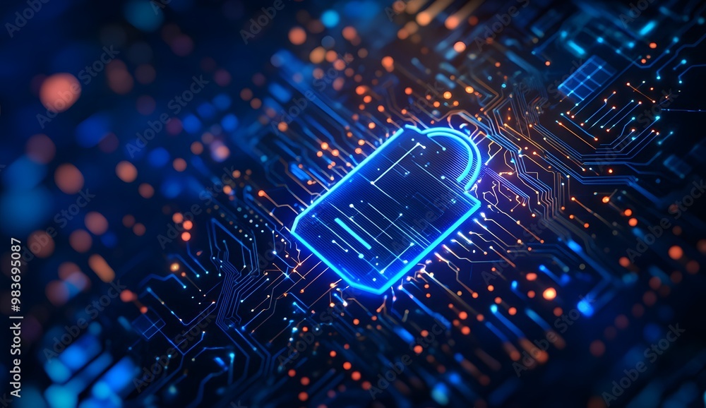 Poster a digital illustration of an illuminated lock symbol with circuit patterns,