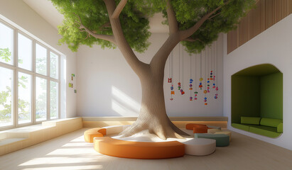 Modern kindergarten room design with big tree and colorful toys