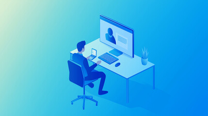 Businessman working from home having video call with client on desktop computer illustration