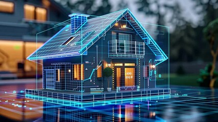 A detailed three-dimensional digital model of a contemporary house is displayed, highlighting its architectural features and design elements as twilight sets in.