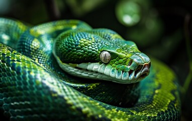 Fototapeta premium Close-up wildlife photograph of an emerald boa constrictor, showcasing its vibrant green scales and natural habitat, perfect for nature and reptile themes. 