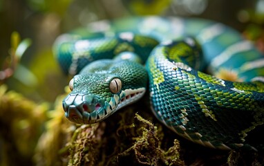 Fototapeta premium Close-up wildlife photograph of an emerald boa constrictor, showcasing its vibrant green scales and natural habitat, perfect for nature and reptile themes. 