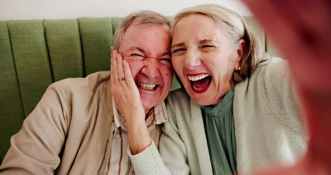 Happy senior couple, hug and photography with selfie for love, picture or memory at indoor cafe. Portrait, elderly man and woman with smile in joy for fun moment, date or anniversary at restaurant